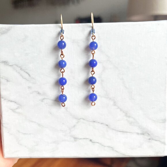 Blue Lapis Round Glass Bead Dangle Drop Earrings - Picture 2 of 5